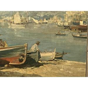 Italian Painting Of Fishermen And Boats. Signed Illegible. 