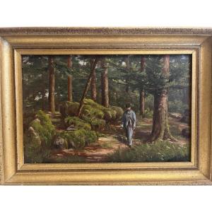 Tableau  Homme dans la Forêt Signé,   L. Schmitt,  19ème. 