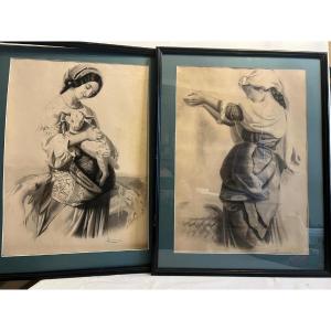 2 Paintings Portrait Of A Woman Signed Lauxerrois Charcoal On Paper. 