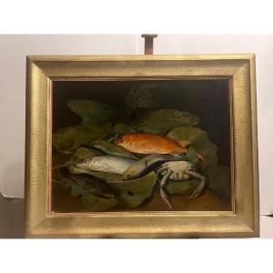 Tableau  Nature morte aux Poissons Signé Auguste Petit  1824