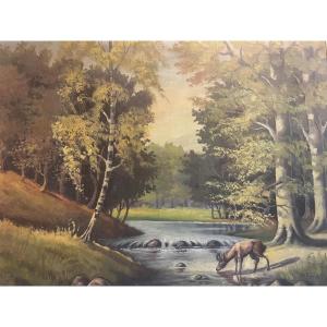Tableau Chevreuil dans la Forêt Signé W. König. 