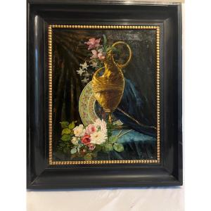 Still Life Painting With A Jar Of Flowers, Signed By Bm Paul Martignon. 