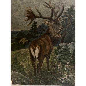 Tableau  le  Cerf  Roi de nous  Forêt Signé , Heinrich  Rech  1911.