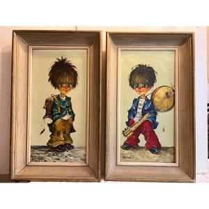 Deux  tableaux Poulbots  Originaux Signé Michel Thomas, peintre 1937-2014.