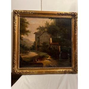 19th Century Painting Animated Landscape Oil On Wood Panel Very Nice Frame, "small Lack"