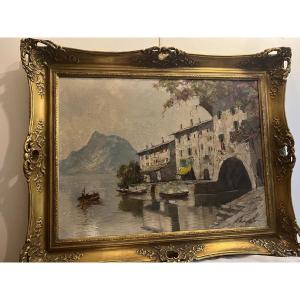 Tableau  Lac de Garde Italie, Signé illisible Très belle calité. 