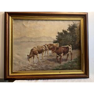 Tableau Troupeau de Vaches, Signé   Hörburger  Catherine  École  Allemande,  XX ème. 