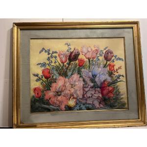 Tableau  Bouquet de Tulipes Signé  de la Roche,  Pastel  sur  papier. 