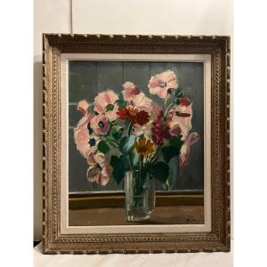 Tableau  Vase de fleurs  Signé Illisible,  Huile sur toile, cadre bois Sculpter. 