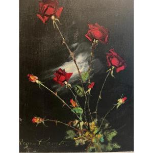 Painting Bouquet Of Roses Signed Roger Conte 1913-2006, Oil On Wood 