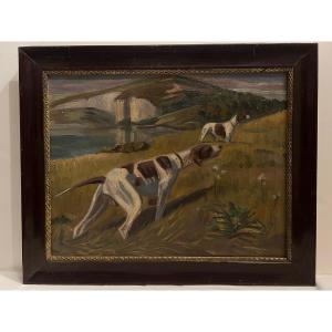 Tableau  chien  de chasse Signé  Fernand Pierre Coustons  1876-1973
