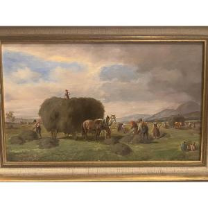 Painting Of Field Work, Haymaking, Signed Ludwig Müller Cornelius 1864-1946.