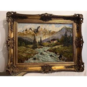 Landscape Painting Mountains With Chalet Signed Burgger, Beautiful Frame. 