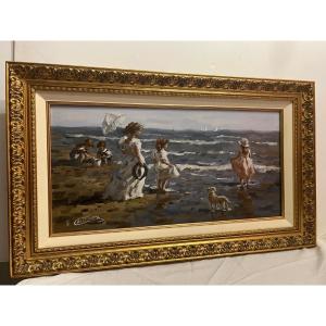Tableau Mère et enfants à la Plage Signé Françis Cristaux  née 1956.