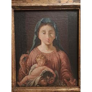 Tableau 17 ème Rare de Sainte avec plusieurs Enfants  Huile sur toile  maroufler sur bois. 