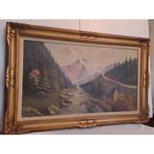 Alpine Landscape Painting Signed Karl Sim, Very Beautiful Carved Wooden Frame. 