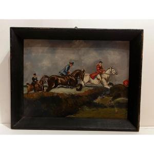 Tableau cavalier aux obstacles, École Allemande cadeau du peintre Dédicace  Pouxeux 1946.