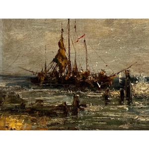 Tableau  Marine  Signé Paul  Hermans 1898-1972, Huile sur toile maroufler sur bois. 