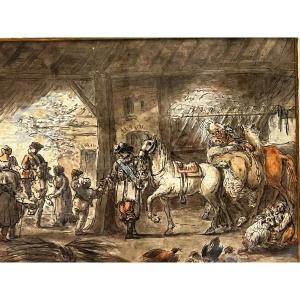 Tableau le Retour des Cavalier dessin aquarelle. 