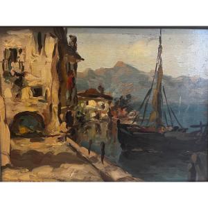 Painting Port Di Malcesine, Signed Belluzzi, Oil On Wood. 