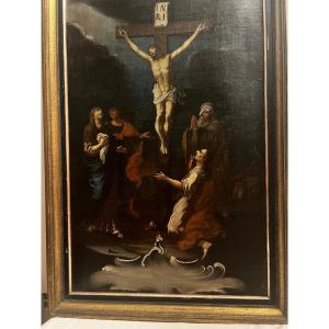 Tableau adoration de Jésus sur la Croix, Huile sur toile. 