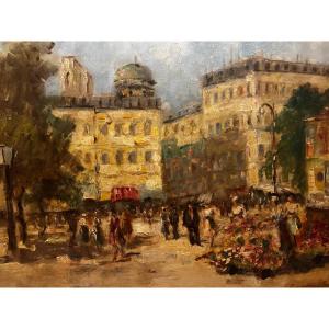 Tableau  Marché  au Fleurs  Signé  illisible,  Huile sur toile. 
