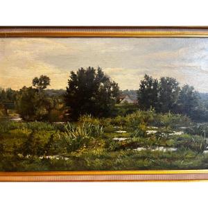 Painting Of A Verdant Landscape, Signed Rousseau, Minor Damage To The Canvas  