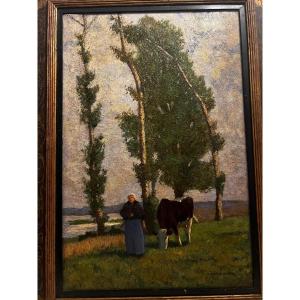 Painting Of An English Peasant School Girl And Her Cow. 