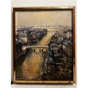 Landscape Painting With Bridges Over The River, Signed Lucien Delarue 