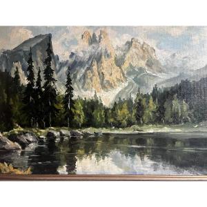 Tableau Paysage Montagnes Signé illisible,  Huile sur bois. 