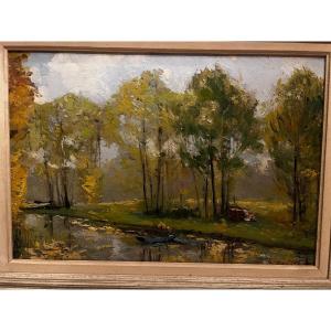 Tableau  très beau Paysage  Repos du  Pêcheur, Signé illisible, Huile sur bois. 