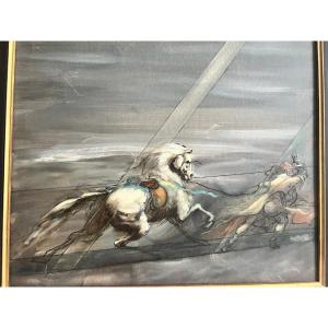 Tableau  toile  Intitulée  Dans la tempéte Huile sur carton  Entoilé Bien encadré. 