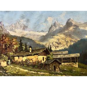 Tableau  Paysage de  Montagne  Signé  Romolo Liverane  1809-1872  Huile sur toile. 