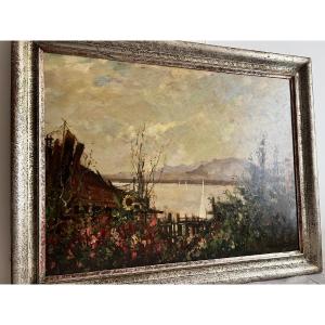 Tableau Paysage Lacuste Signé Illisible Oil On Wood.