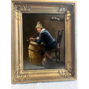 Painting Dutch School The Pipe Smoker Oil On Wood.