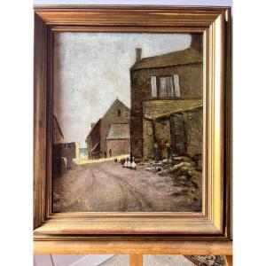Tableau  rue de Village Signé  Stanislas  Lepine  Huile sur  toile. 