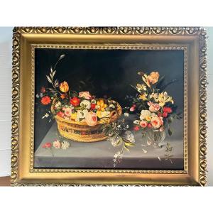 Tableau Bouquet de fleurs dans un Panier Huile sur toile Début XX ème.