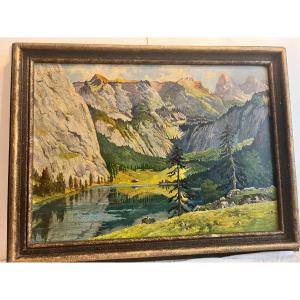 Tableau Paysage De Montagne Avec Lac Signé Illisible Oil On Wood.