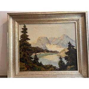 Tableau Paysage De Montagne Avec Lac Signé Illisible Oil On Canvas.