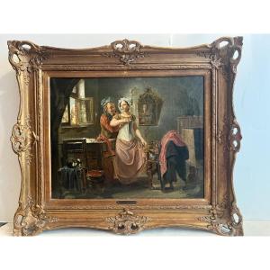 Tableau Pieter Fontijn 1773-1839 Scéne Amoureuse Huile sur toile Reentoilée.