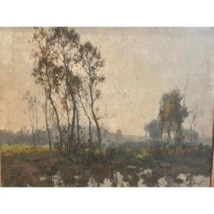 Tableau Signé Alexandre Jacob 1876-1972 Paysage soir sous le marais.