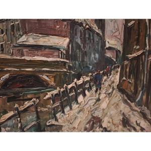 Tableau SIGNÉ B SETEVE, Rue sous la neige Huile sur toile.