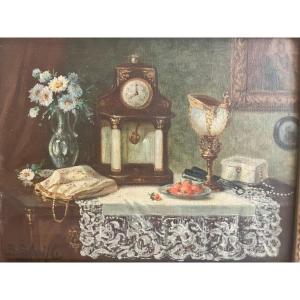 Table Signé Illisible Nature Morte 19 ème Oil On Wood.