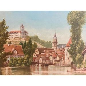 German School Signed, E Jotter, Paysage Bord De Rivière Oil On Wood.