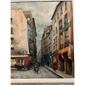Painting: "busy Street In Paris," Signed (illegible), 1935, Oil On Wood.