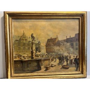 Painting Titled "lively Square In Coburg, Germany," Signed By Wilhelm Otto Scheibe (1882–1946).