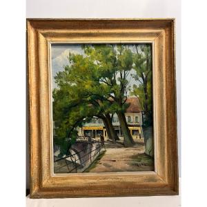 Landscape Painting, Signed (illegible), Oil On Canvas, 20th Century.