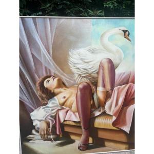 Tableau Polonaise Signé Z. Horodecki 84 le Cigne et Leda. Huile sur toile.