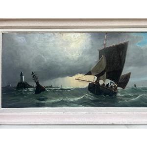 Tableau Marine Signé Illisible Tempête sur les Voiliers. Huile sur toile.