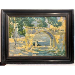 Landscape Painting: The Antibes Lighthouse, Signed By Henri Cayon, 1878. Oil On Wood.